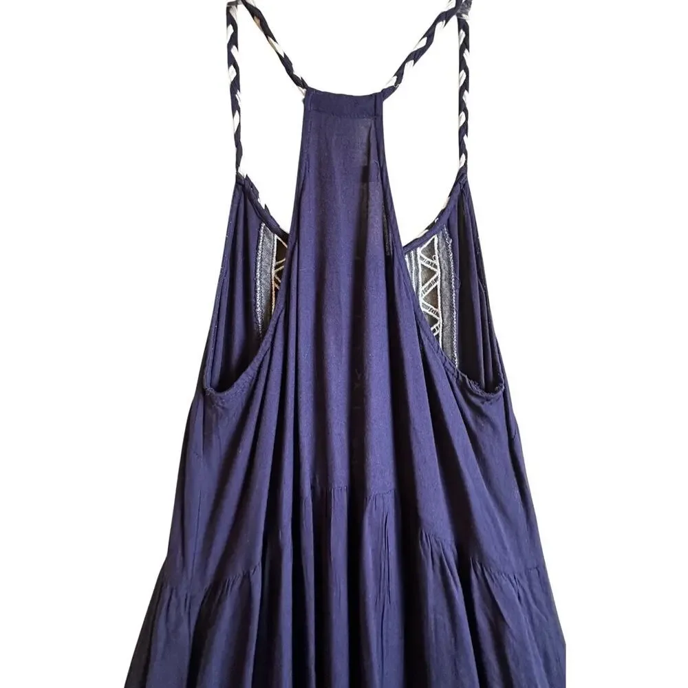 Pull & Bear Navy Embroidered Maxi Dress Boho Racerback Sleeveless Small
